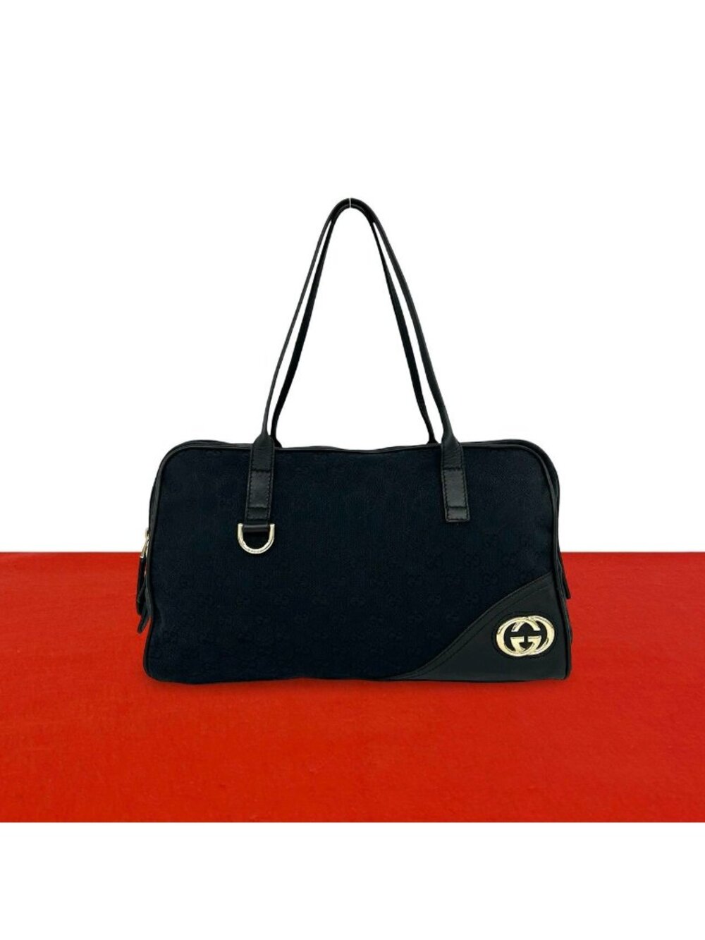 Gucci Interlocking G GG Pattern Canvas Leather Tote Mini Boston Bag Black
